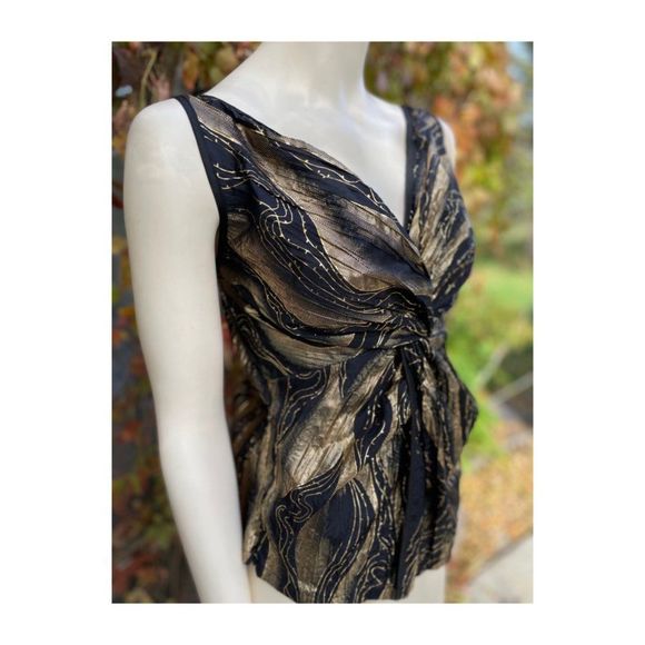 Maxmara Silk Top Black Gold Art Deco Twist Front V Neck - Picture 5 of 12